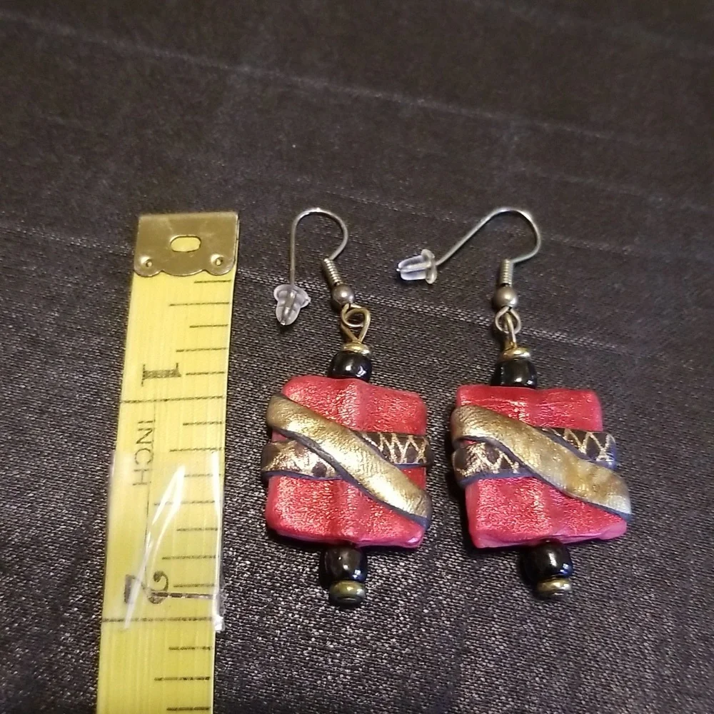 Vintage Red, Gold and Black Square Earrings